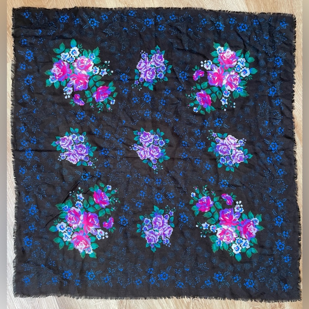 Vintage Glentex square scarf wrap black floral pink purple blue raw hem